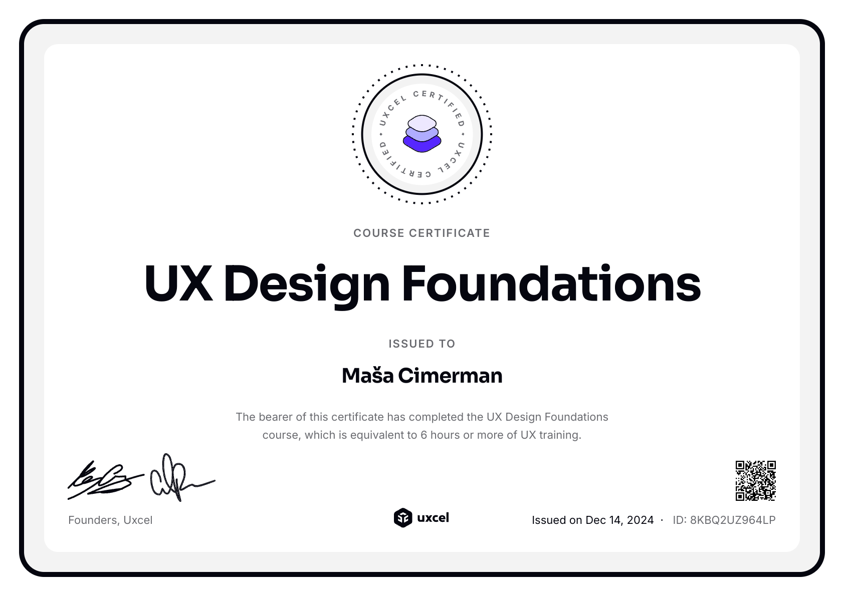 Maša Cimerman's certificate